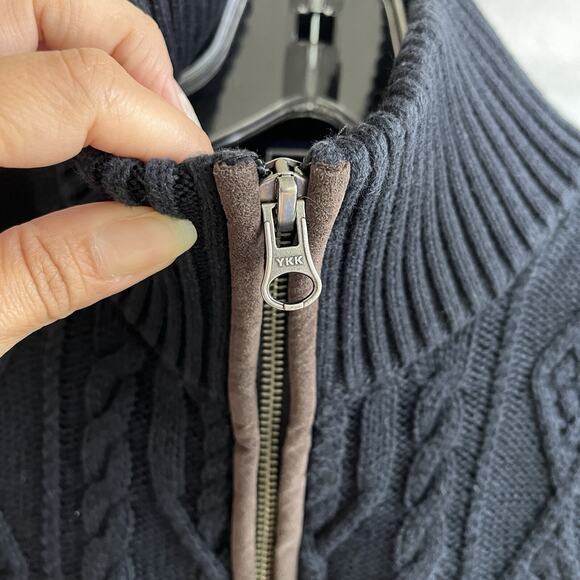 Paul Fredrick mock neck cable knit 3/4 zip pull over sweater, black, size M - Picture 3 of 8